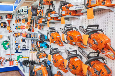 Minsk, Belarus - September 2, 2018 Shop of branded gasoline equipment with different components. For any purpose.のeditorial素材