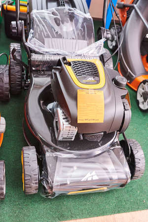 Minsk, Belarus - September 2, 2018 Shop of branded gasoline equipment with different components. For any purpose.のeditorial素材