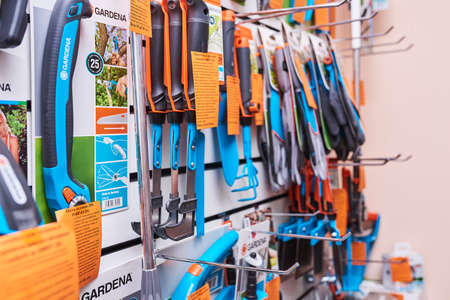 Minsk, Belarus - September 2, 2018 Shop of branded gasoline equipment with different components. For any purpose.のeditorial素材