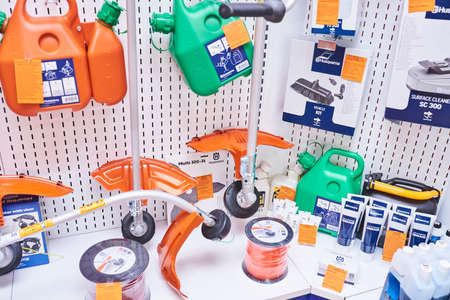 Minsk, Belarus - September 2, 2018 Shop of branded gasoline equipment with different components. For...