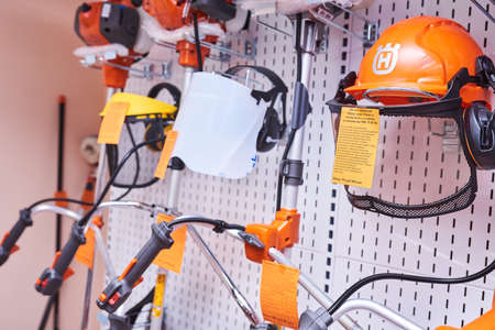 Minsk, Belarus - September 2, 2018 Shop of branded gasoline equipment with different components. For any purpose.のeditorial素材