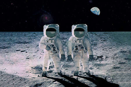 Two astronauts on the moon, with planet earth in the background.