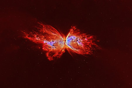 Red galaxy with an unusual shape. High quality photoの写真素材