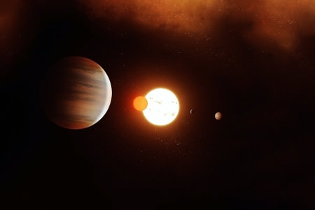 Jupiter against the background of the sun and planets. EHigh quality photo