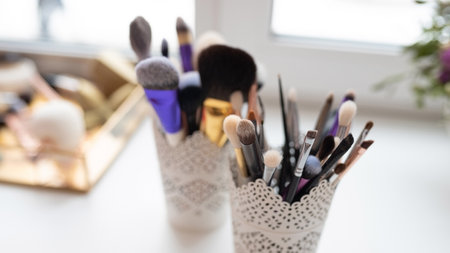 Makeup brushes, different sizes, in a glass. high quality photo