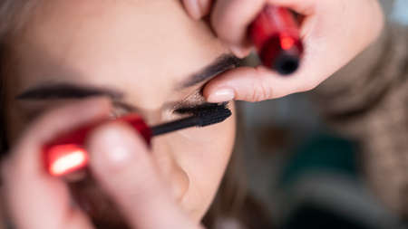Makeup artist applying blush to a girl with a brush. high quality photoの写真素材