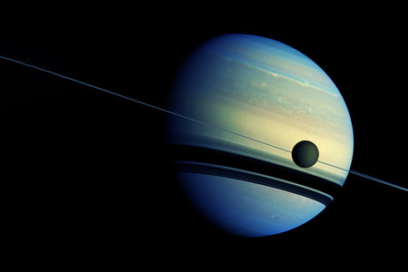 Planet Saturn, with rings and satellite.の写真素材