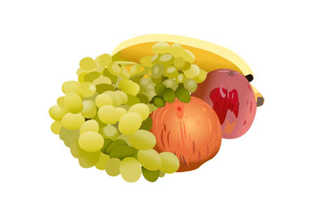 A variety of fruits stacked in a circle on a white background.のイラスト素材