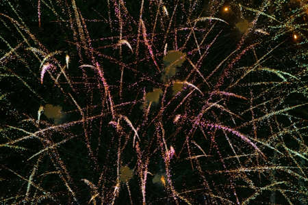 Festive fireworks, thin splashes, pink-green, against the background of the night sky.