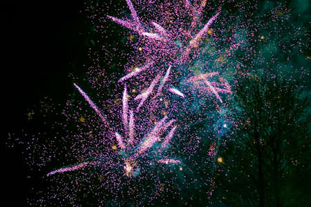 Beautiful and bright festive fireworks of pink color, with a bluish haze. high quality photoの写真素材