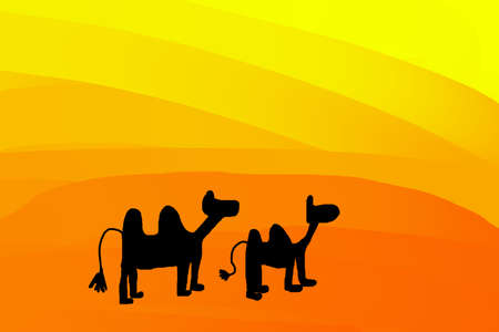 Two silhouettes of camels on the background of the desert. Children's drawing. high quality photoの写真素材
