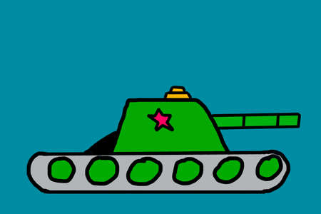 The tank is green, with a star on the tower. Children's drawing. high quality photoの写真素材