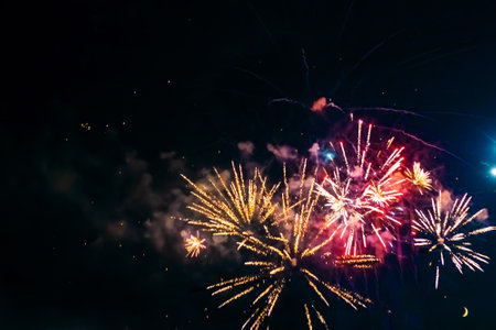 Beautiful multi-colored fireworks against the background of the night sky. high quality photo