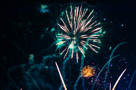Bright light flash of fireworks, against the background of the night sky.