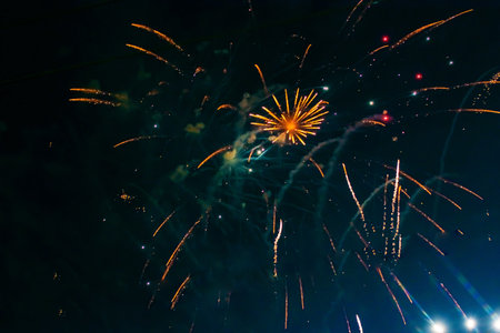 Green, bright fireworks, against the background of the night sky. high quality photoの写真素材