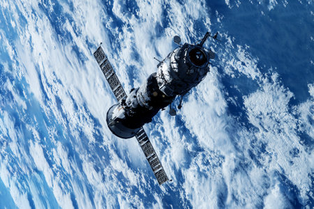 Space cargo ship in flight.