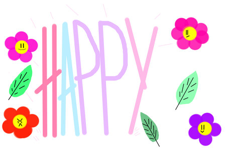 The word happy in a frame of flowers. Children's drawing. high quality photoの写真素材