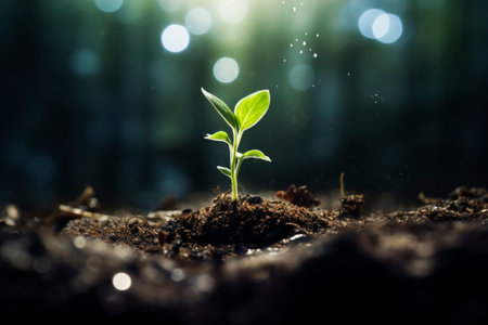 A sprout breaks out of the ground to meet the sun. Generative AI. high quality illustrationの素材