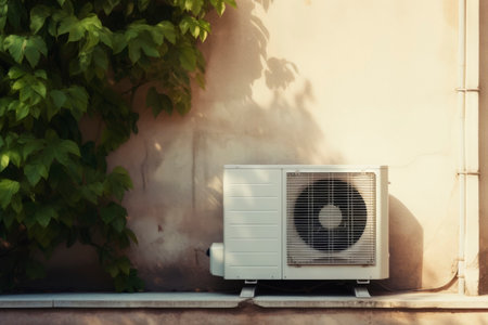 External air conditioner unit on the wall of the house. Generative AI. high quality illustrationの素材