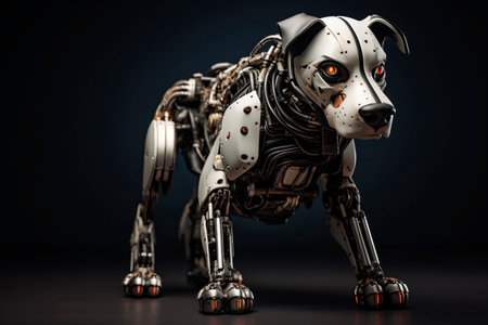 Dog robot on a dark background. Generative AI. high quality illustrationの素材