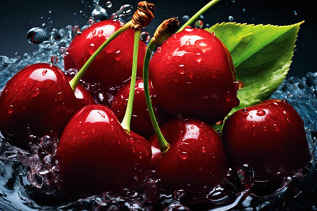Cherries in splashes of water. Generative AIの素材