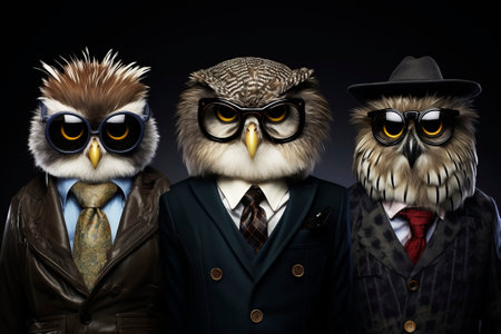 Three owls in suits on a dark background. Generative AI. high quality illustrationの素材