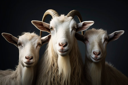 Three goats on a dark background. Generative AI. high quality illustrationの素材
