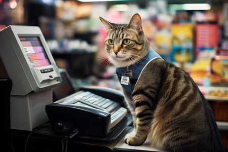 The cat seller at the checkout in the supermarket. Generative AI. high quality illustrationの素材