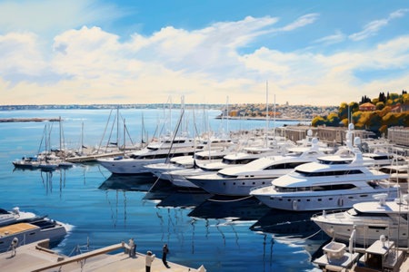 Bay with yachts. Generative AI. high quality illustrationの素材