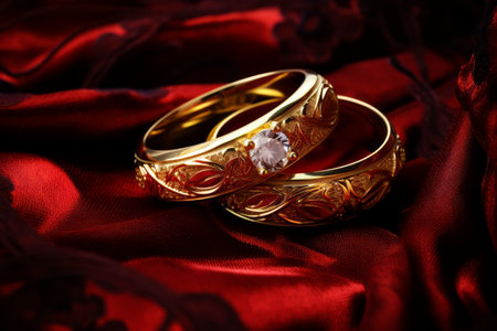 Two wedding rings on soft fabric. Generative AI. high quality illustrationの素材