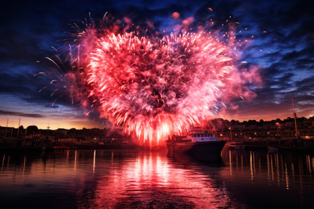 Beautiful, bright fireworks over the city. Generative AI. high quality illustrationの素材
