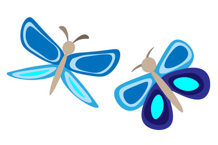 Two bright blue butterflies, children's drawing. vector illustrationのイラスト素材