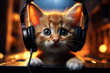 Funny cat in headphones. Generative AI. high quality illustrationの素材