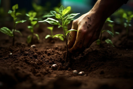 Planting young plants in the ground. Generative AI. high quality illustrationの素材