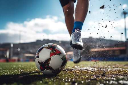 Legs of a football player with a ball. Generative AI. high quality illustrationの素材