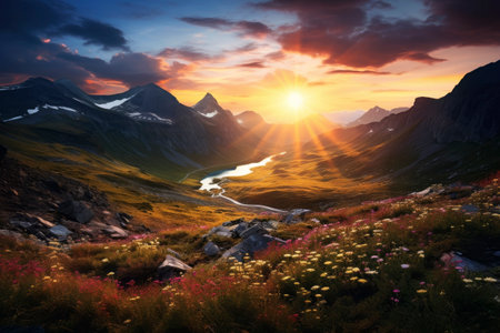 Sunset in the mountains. Generative AI. high quality illustrationの素材