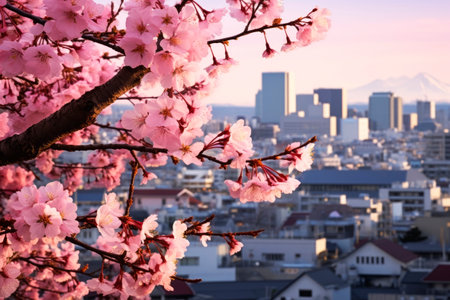 Sakura branches over the city. Generative AI. high quality illustrationの素材