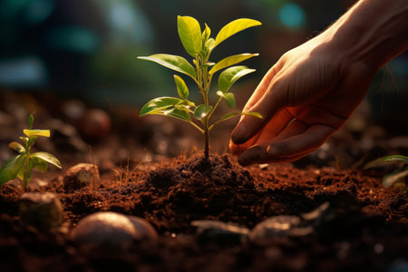 Planting young plants in the ground. Generative AI. high quality illustrationの素材