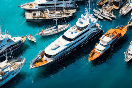 Bay with yachts. Generative AI. high quality illustrationの素材