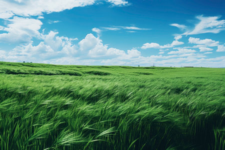 Beautiful green field with cloudy sky. Generative AI. high quality illustrationの素材