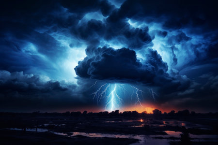 Thunderstorm with lightning over the city. Generative AI. high quality illustrationの素材