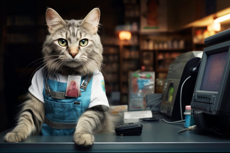 The cat seller at the checkout in the supermarket. Generative AI. high quality illustrationの素材