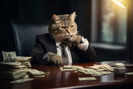 Cat banker in the bank. Generative AI. high quality illustrationの素材