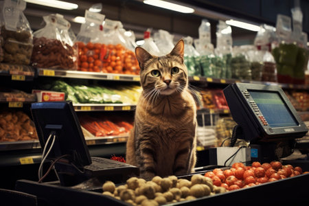 The cat seller at the checkout in the supermarket. Generative AI. high quality illustrationの素材