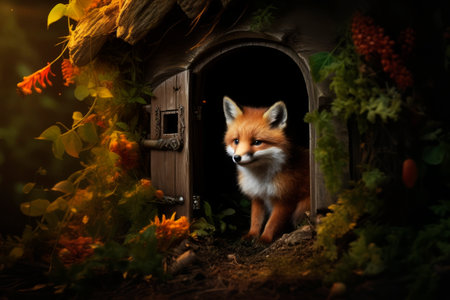 Cute fox in the house. Generative AI. high quality illustrationの素材