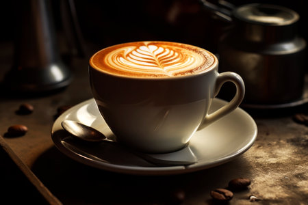 A cup of cappuccino on a dark background. Generative AI. high quality illustrationの素材