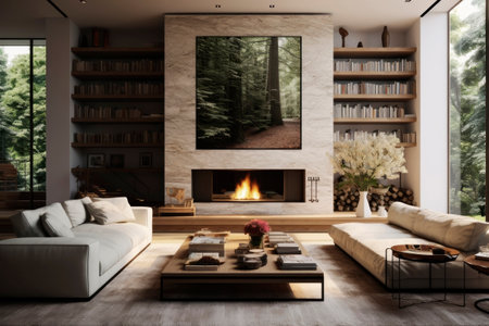 Living room with fireplace. Generative AI. high quality illustrationの素材