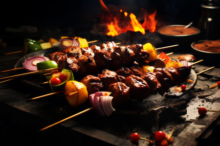 Appetizing barbecue with vegetables. Generative AI. High quality illustrationの素材