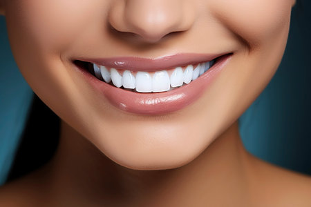 Beautiful female smile with white teeth. Generative AI. High quality photoの素材