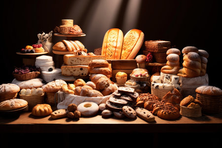 Various baked goods on a dark background. Generative AI. High quality photoの素材